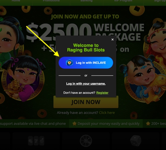 Raging Bull Slots welcome login popup with arrow pointing to the Log in with Inclave button