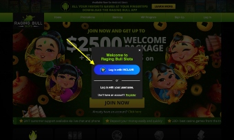 Raging Bull Slots login popup with highlighted Log in with Incluve button over the welcome bonus page